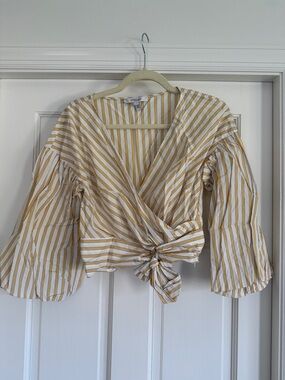 Derek Lam White and Mustard Striped Tie-Front Wrap Blouse